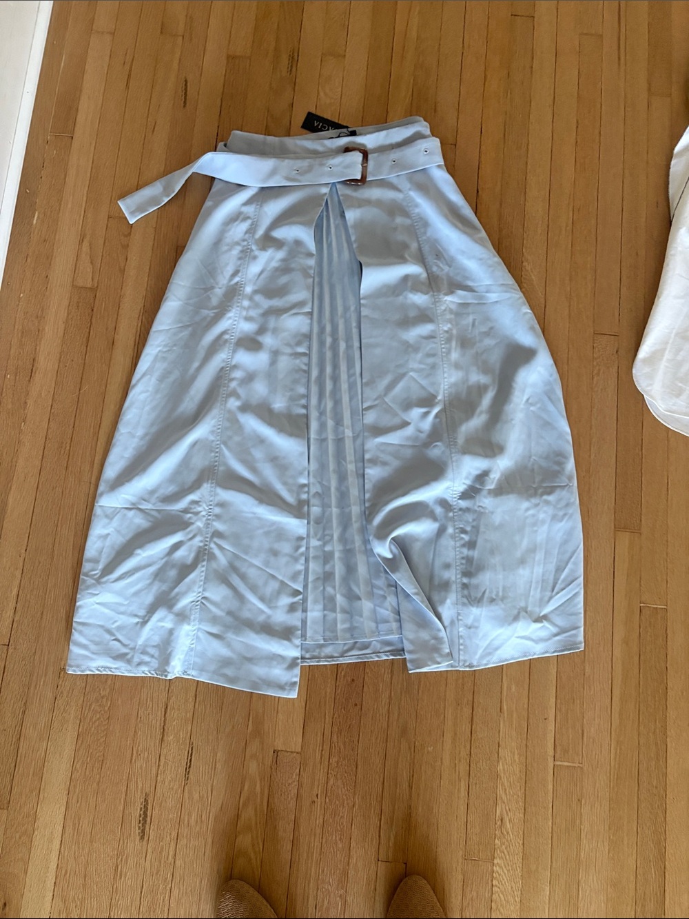 Gracia Pale Blue Midi Skirt with Pleated Front and Belt